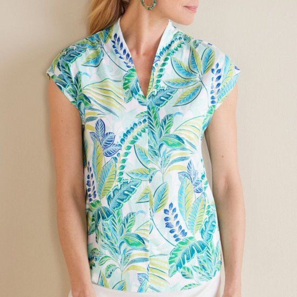 Soft Surroundings woman's sz M floral green tropical cotton modal soft top shirt